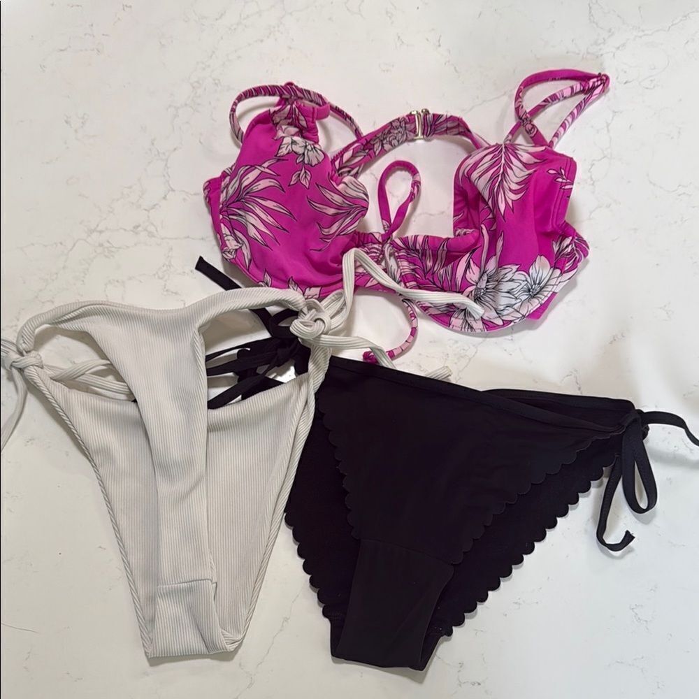 Pink Floral and Black Bikini Set.  Size medium. 3 pieces.